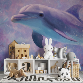 Magical dolphin mural wallpaper with seaweed in calming lilac and blue children's room decor