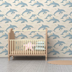 Ocean themed dolphin wallpaper transforming children's playroom into underwater paradise
