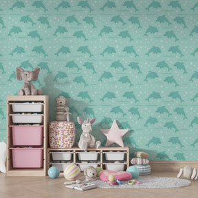 Marine life mural wallpaper with dolphins creating educational playroom environment
