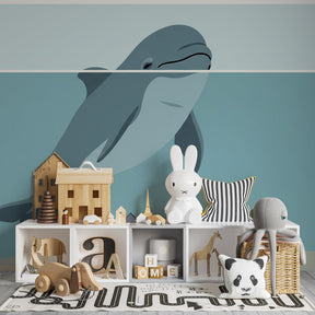 Ocean themed mural wallpaper for kids playroom with dolphin and starfish design
