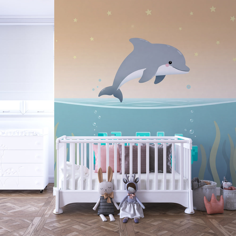 Joyful dolphin mural wallpaper transforming kids bedroom into ocean sanctuary by Kids-Mundo