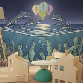 Ocean themed dolphin wallpaper creating underwater adventure in children's bedroom
