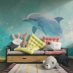 Ocean-themed dolphin mural wallpaper for kids room with calming blue tones by Kids-Mundo