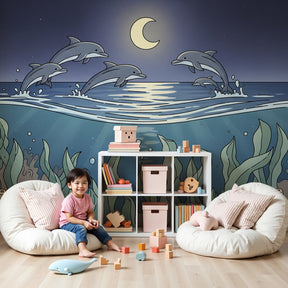 Dolphin ocean mural wallpaper in modern nursery with marine theme by Kids-Mundo