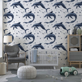 Ocean adventure playroom with dolphin and bubbles mural wallpaper installation