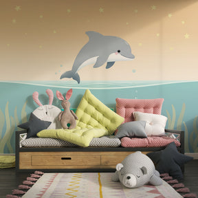 Marine life mural wallpaper with dolphin and corals for children's playroom by Kids-Mundo
