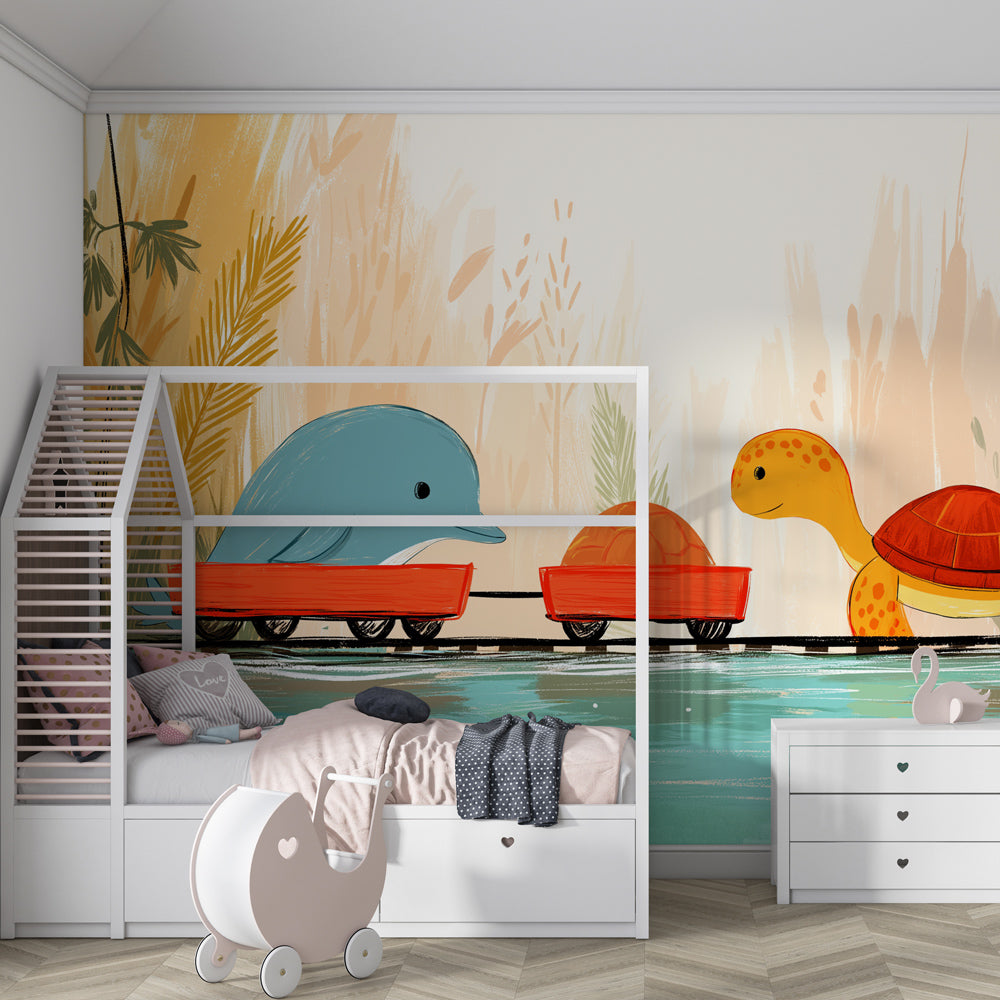 Tropical animal themed wallpaper creating magical kids bedroom atmosphere with natural furniture