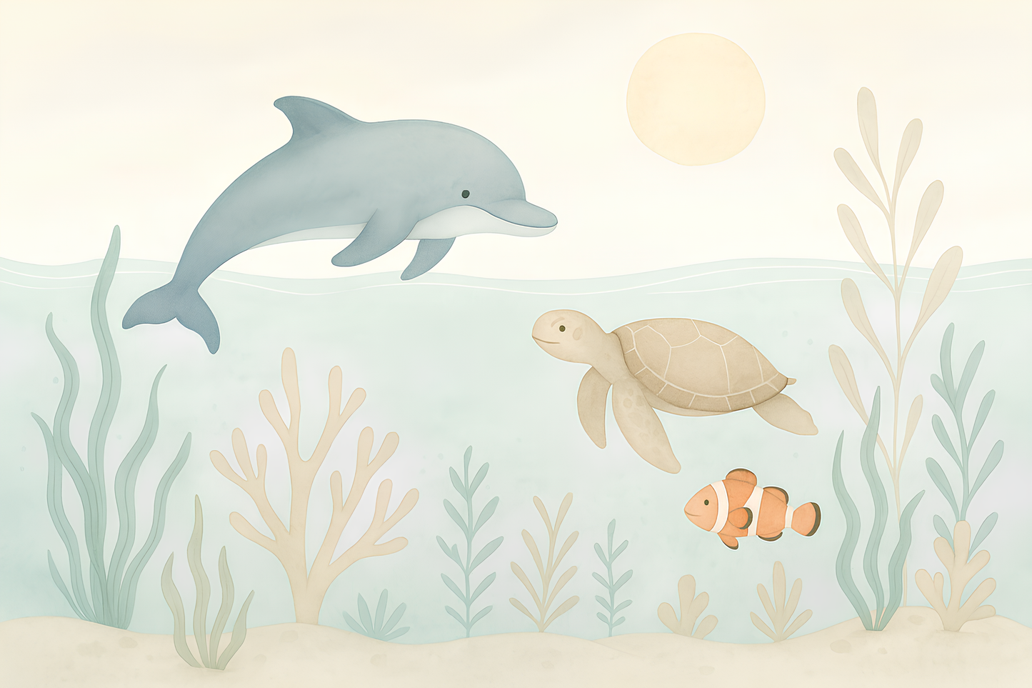 Kids-Mundo flat artwork of a leaping dolphin, sea turtle and clownfish in soft ocean tones