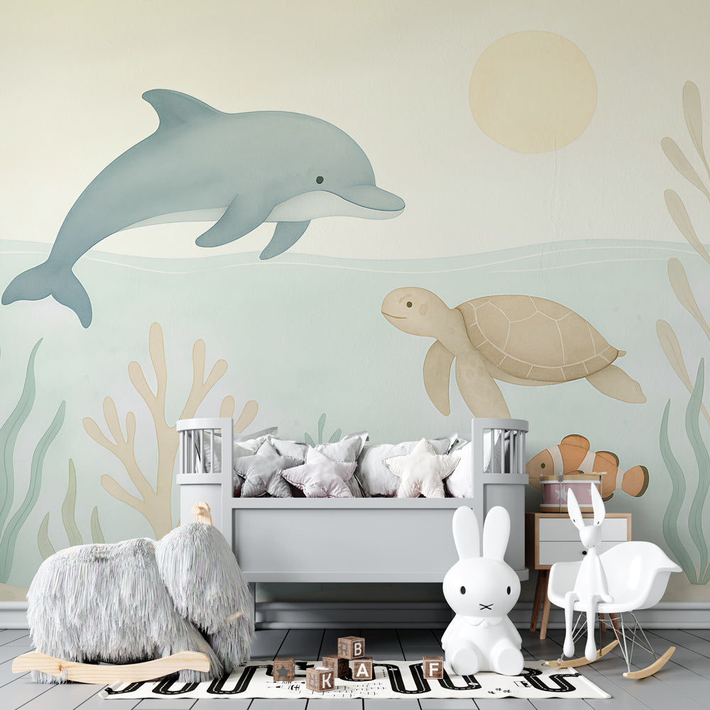 Kids-Mundo ocean wall mural with a leaping dolphin covering a playroom feature wall