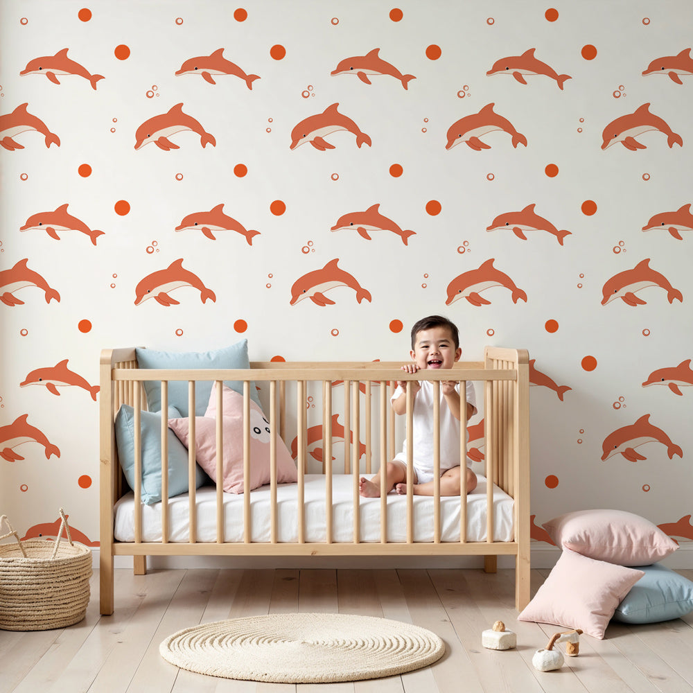 Dolphins mural wallpaper creating peaceful marine atmosphere in modern kids nursery by Kids-Mundo