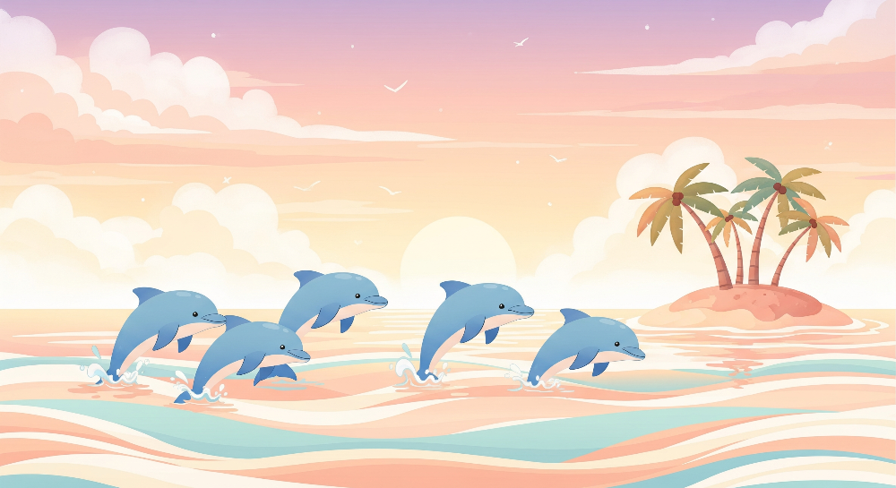 Kids-Mundo dolphin wall mural artwork showing a pod of dolphins leaping over a pastel sunset ocean