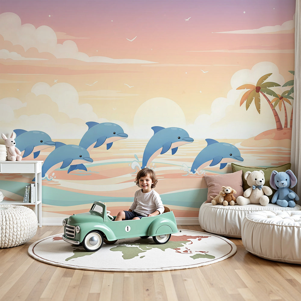 Kids-Mundo dolphin ocean wall mural in a soft pastel nursery with a cot and calming wall decor