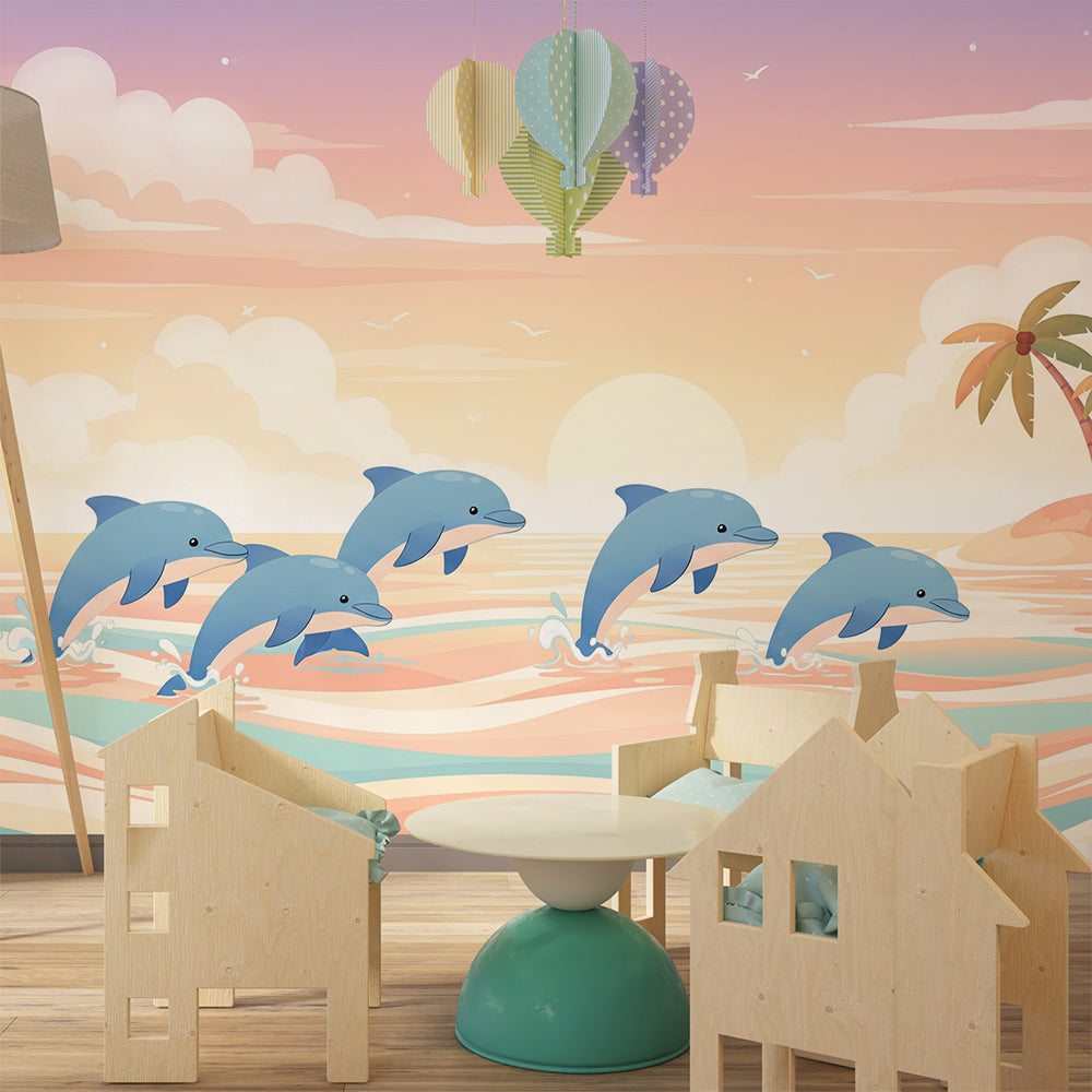 Kids-Mundo dolphin ocean mural covering a playroom wall beside toys and a reading corner