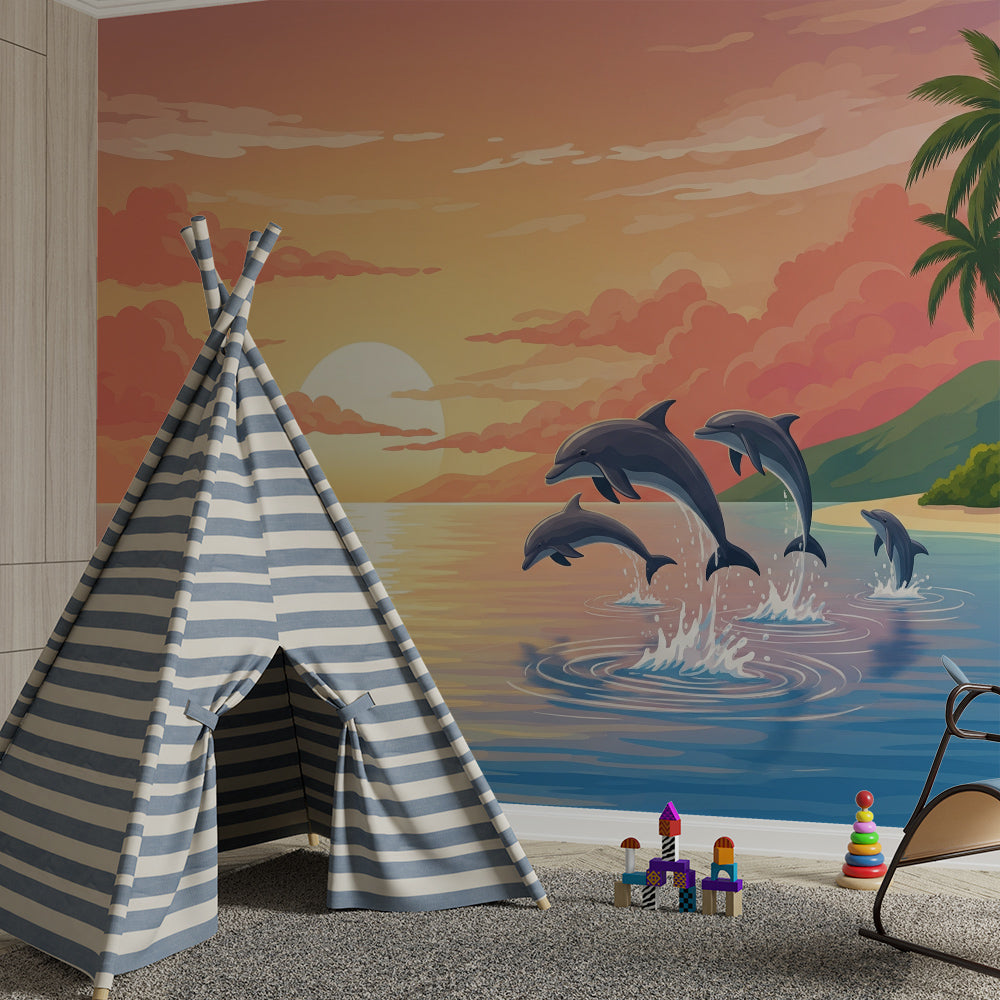 Kids-Mundo dolphin wall mural behind a bed in a warm, tropical themed bedroom