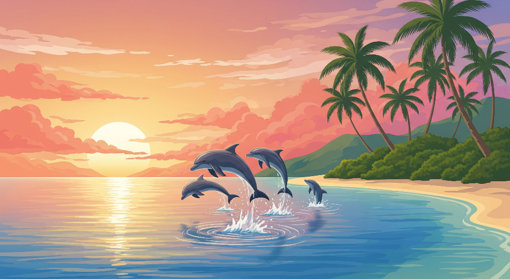 Kids-Mundo flat artwork of dolphins leaping at sunset on a tropical beach