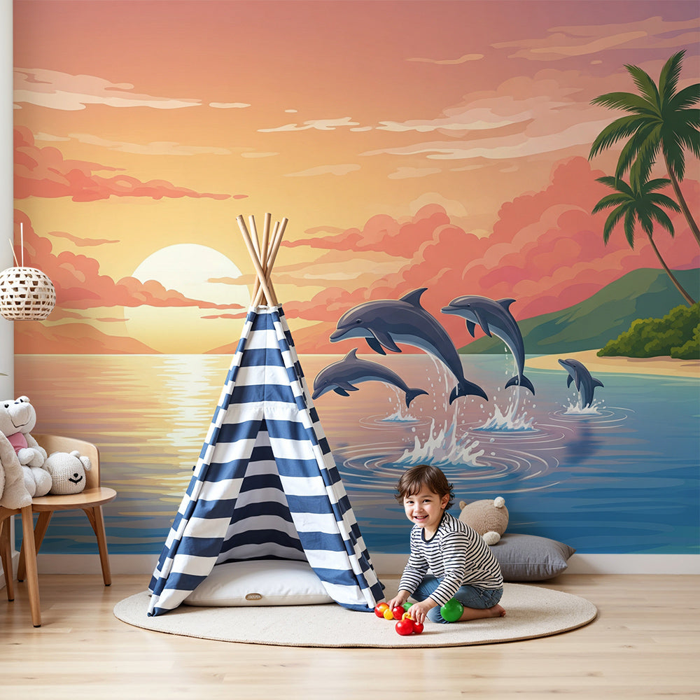 Kids-Mundo sunset dolphin wall mural styled in a bright, adventurous kids bedroom