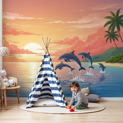 Kids-Mundo sunset dolphin wall mural styled in a bright, adventurous kids bedroom