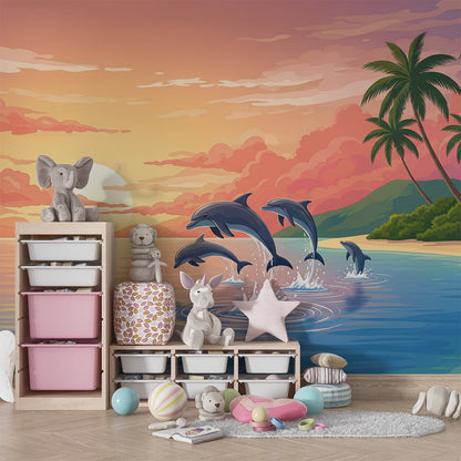 Kids-Mundo sunset beach wall mural with leaping dolphins covering a playroom wall