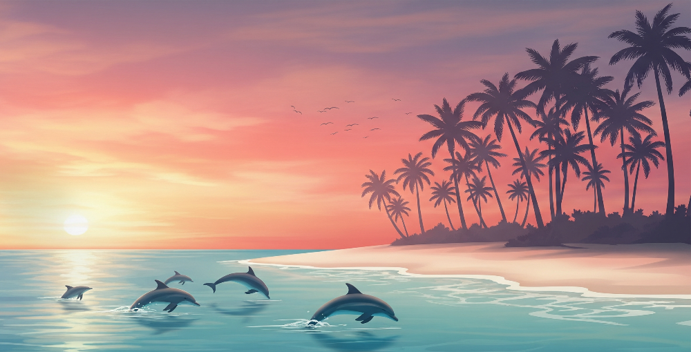 Kids-Mundo flat artwork of leaping dolphins over a tropical beach at sunset for a wall mural