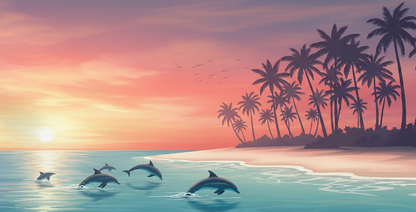 Kids-Mundo flat artwork of leaping dolphins over a tropical beach at sunset for a wall mural