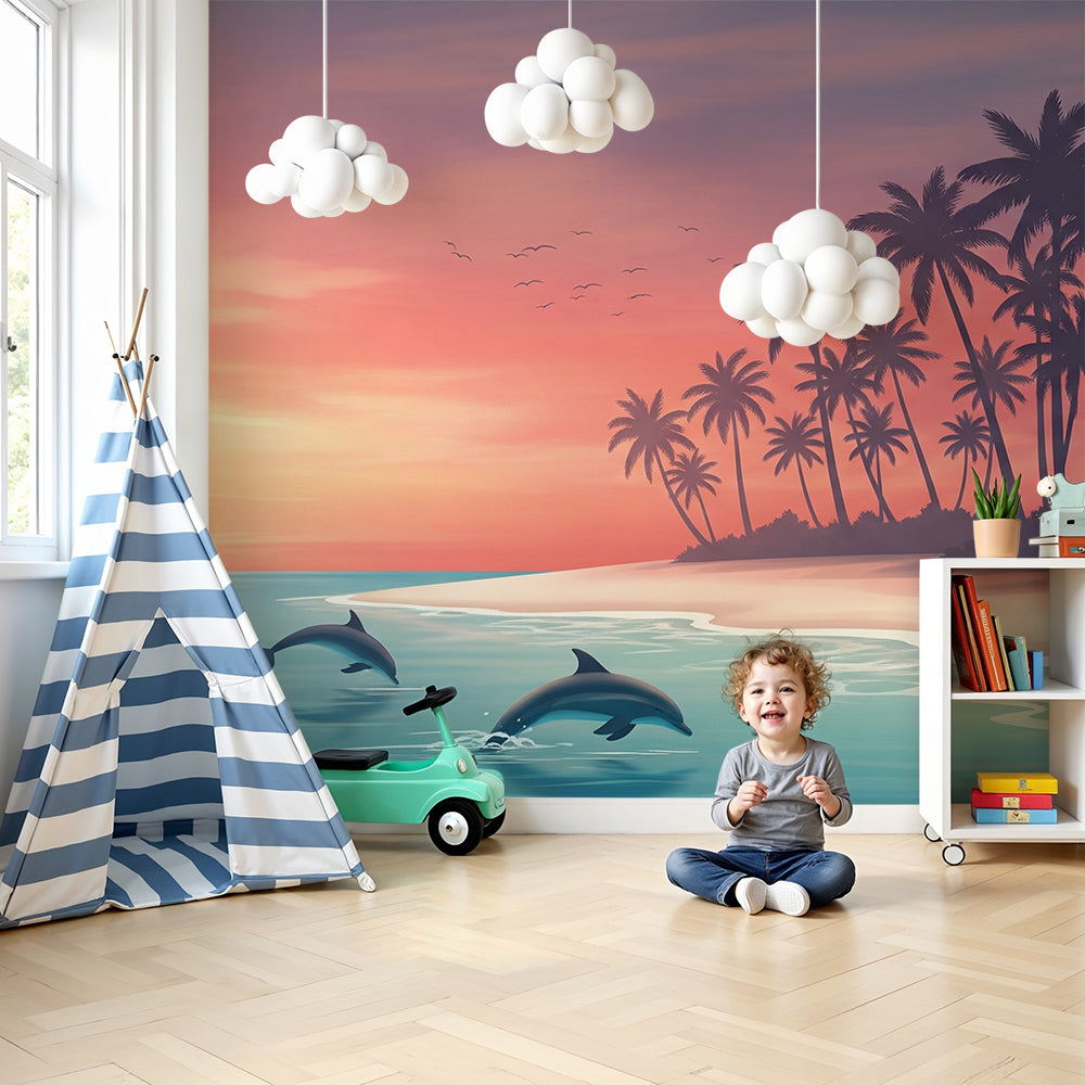 Kids-Mundo leaping dolphins sunset wall mural styled in a calm pink and blue baby nursery