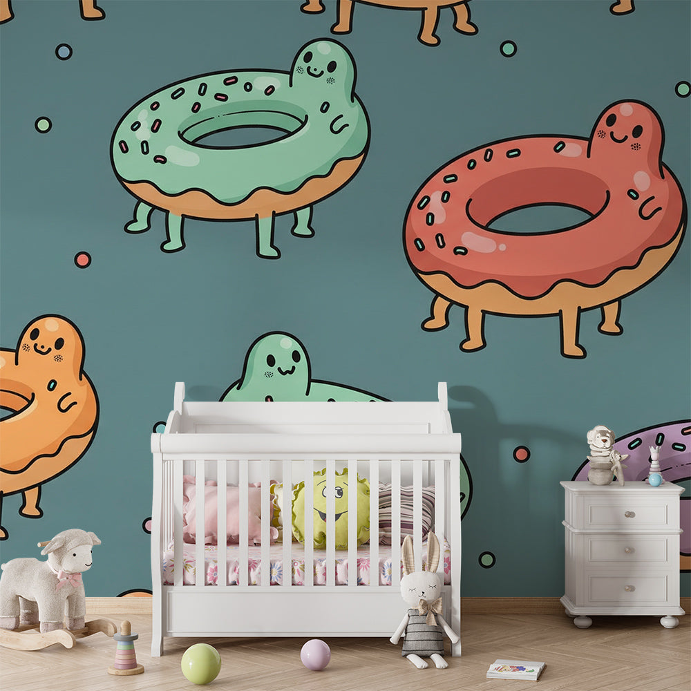 Kids-Mundo smiling donut wall mural styled on a kids bedroom feature wall