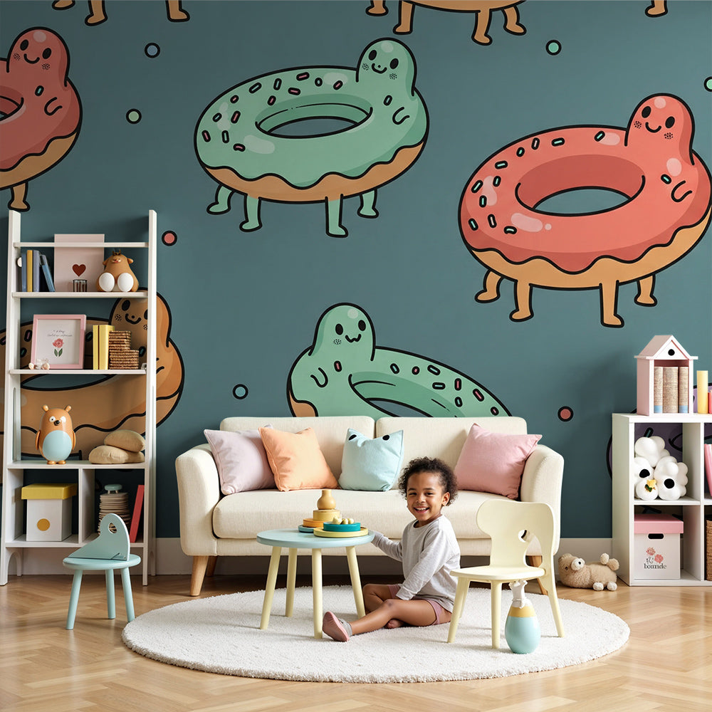 Kids-Mundo smiling donut characters wall mural mounted in a nursery room