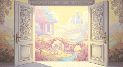 Kids-Mundo flat artwork of the open door to a fairytale unicorn castle wall mural