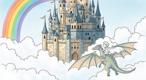 Detailed dragon castle fantasy mural wallpaper design pattern with rainbow and clouds by Kids-Mundo