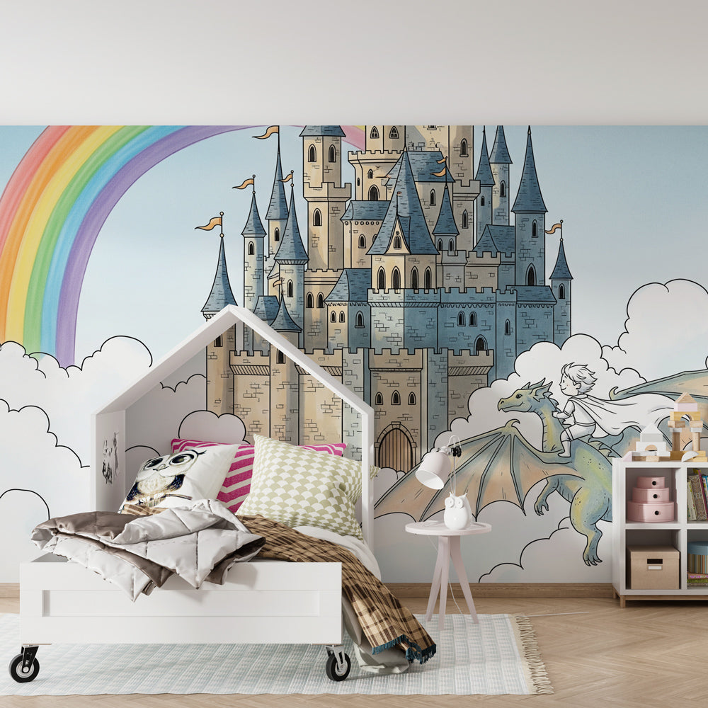 Fantasy dragon and rainbow castle wallpaper creating magical nursery atmosphere