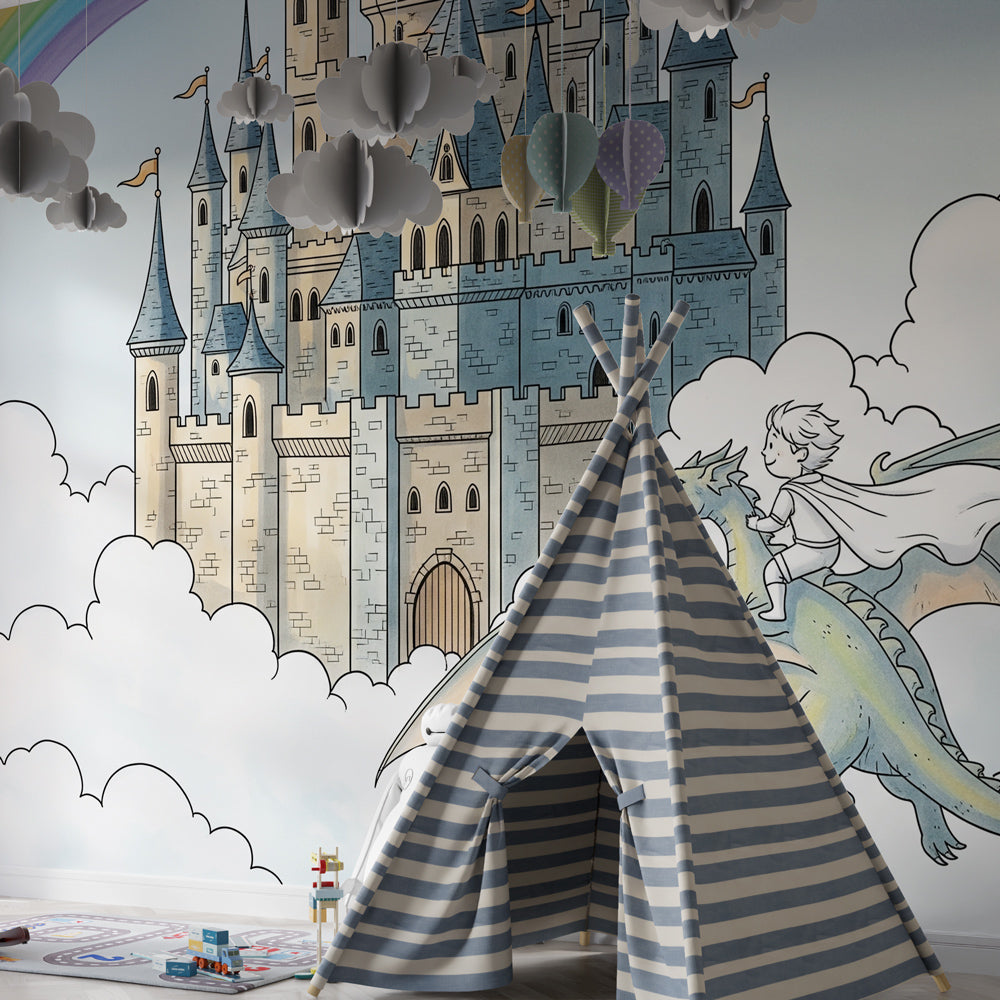 Adventure themed dragon castle mural wallpaper transforming children's playroom decor