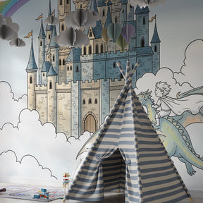 Adventure themed dragon castle mural wallpaper transforming children's playroom decor