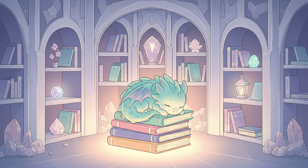 Kids-Mundo flat artwork of a sleeping baby dragon curled on books inside a glowing library