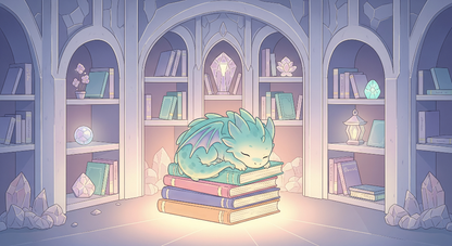 Kids-Mundo flat artwork of a sleeping baby dragon curled on books inside a glowing library