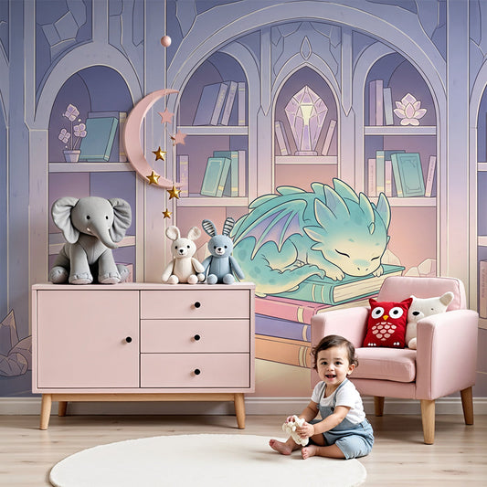Kids-Mundo sleeping dragon library wall mural behind a cot in a lilac-toned nursery