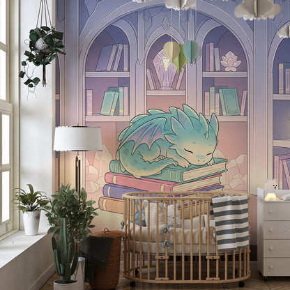 Kids-Mundo enchanted library wall mural with a sleeping dragon in a cosy reading playroom