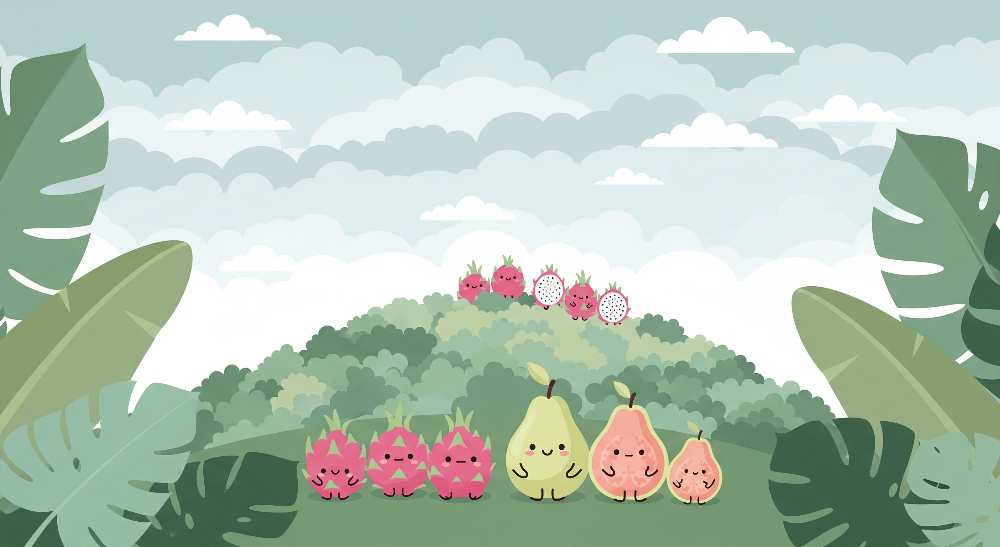 Kids-Mundo flat artwork of cheerful dragon fruit and pear characters on a jungle hill