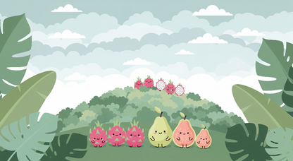 Kids-Mundo flat artwork of cheerful dragon fruit and pear characters on a jungle hill