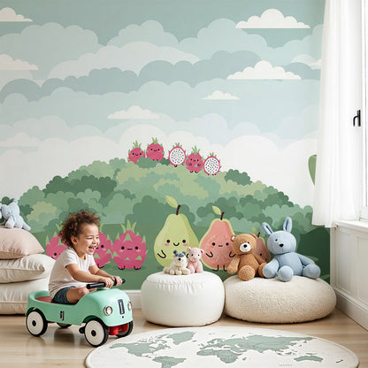 Kids-Mundo tropical fruit friends wall mural styled in a soft pastel nursery
