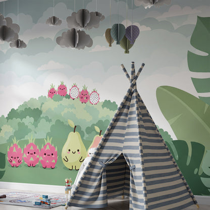 Kids-Mundo jungle hill fruit wall mural set beside a play mat in a playroom