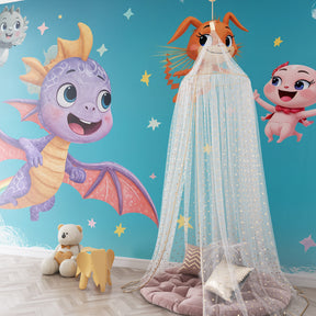 Colorful dragon wallpaper creating magical atmosphere in children's bedroom interior