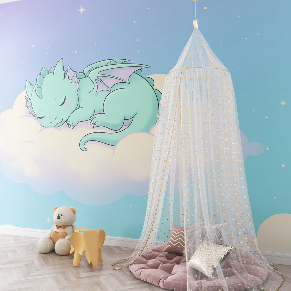 Fantasy dragon wallpaper for kids room featuring peaceful sleeping dragon and stars by Kids-Mundo