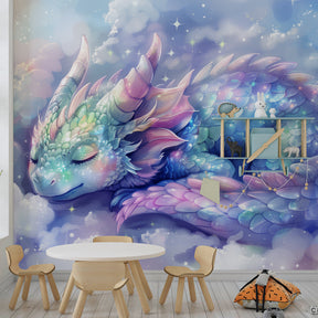 Gentle dragon mural wallpaper transforming children's room into magical dreamscape