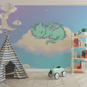 Baby dragon on cloud wallpaper transforming children's bedroom with dreamy pastel colors