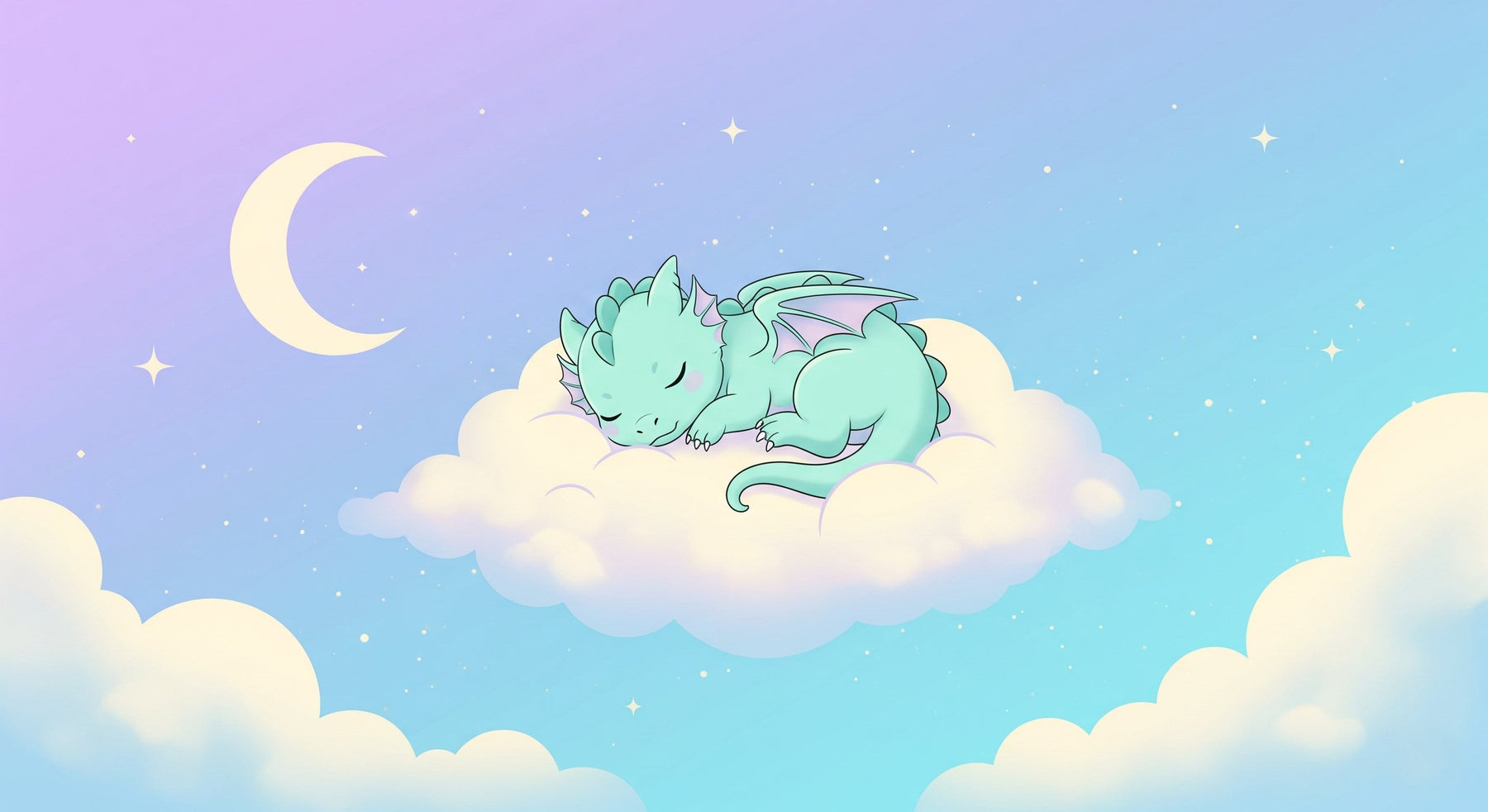 Detailed sleeping baby dragon mural wallpaper design pattern with cloud and stars by Kids-Mundo