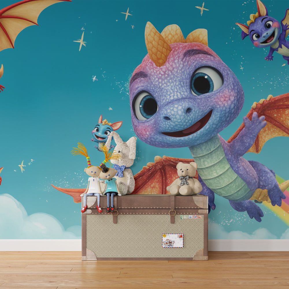 Fantasy dragon wallpaper transforming children's bedroom into enchanted adventure space