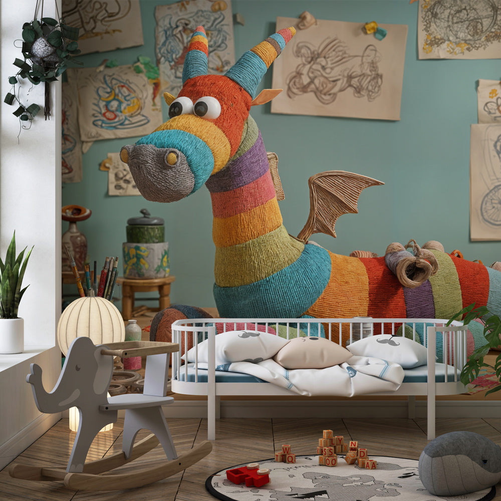 Whimsical dragon wallpaper installed in cozy nursery room showing knitted texture details