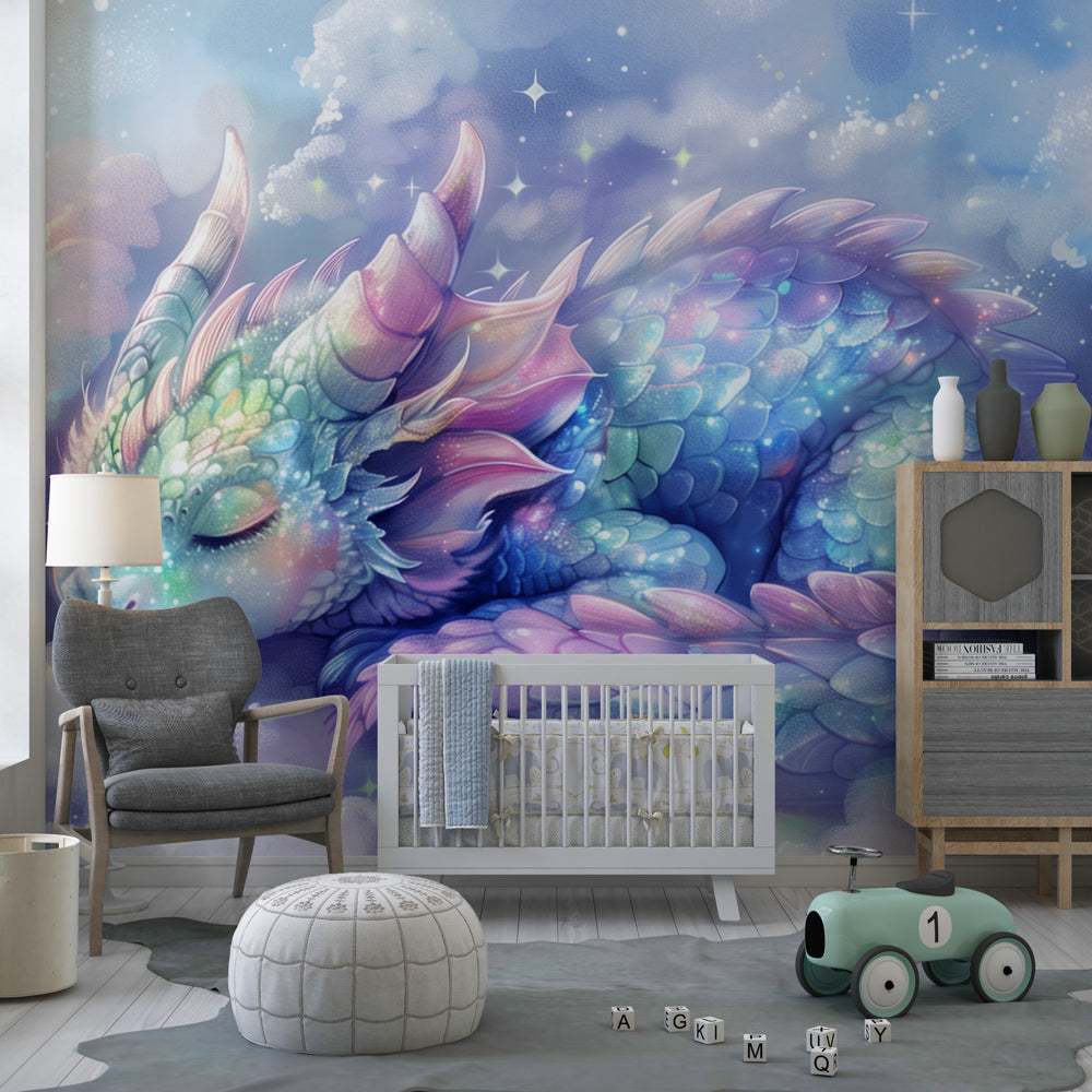 Fantasy dragon wallpaper creating enchanted nursery atmosphere with soft blue clouds