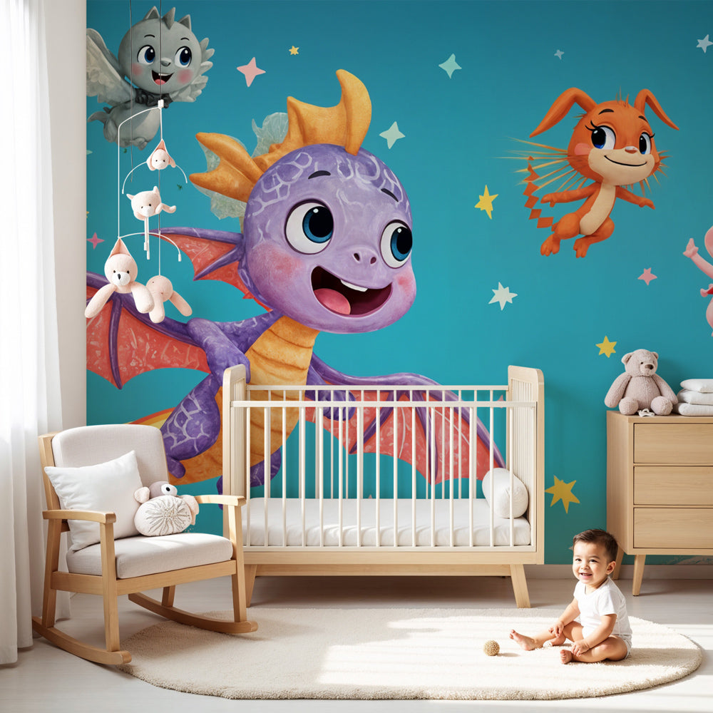 Dragon adventure mural wallpaper in bright nursery room with clouds and stars by Kids-Mundo