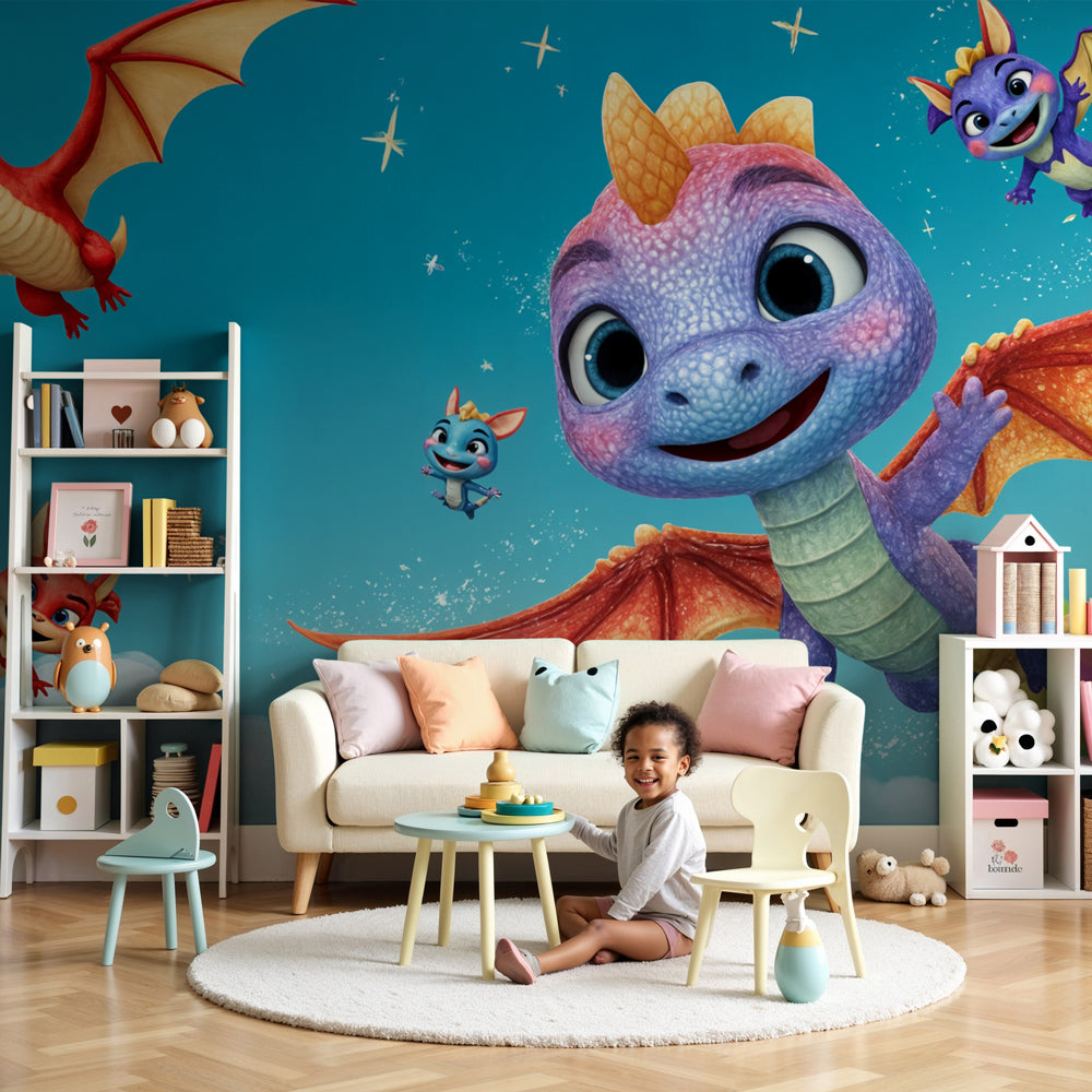 Dragon mural wallpaper creating magical nursery decor with blue sky and friendly dragons by Kids-Mundo